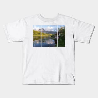 Wonderful landscapes in Norway. Nordland. Beautiful scenery of Thaihuset in a mountain valley. It is idyllically situated by a calm water. Mountains and trees in background. Sunset. Kids T-Shirt